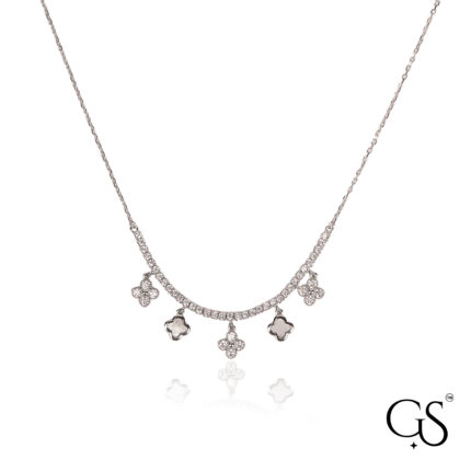 925 Sterling Silver Dainty Pave Arc with Clover Charms Necklace